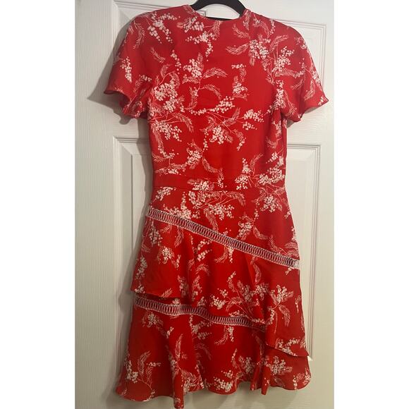 Karen Millen US 6 Ruffle Floral Fit-and-Flare Dress Tiered Lattice Red Vacation - Picture 5 of 11
